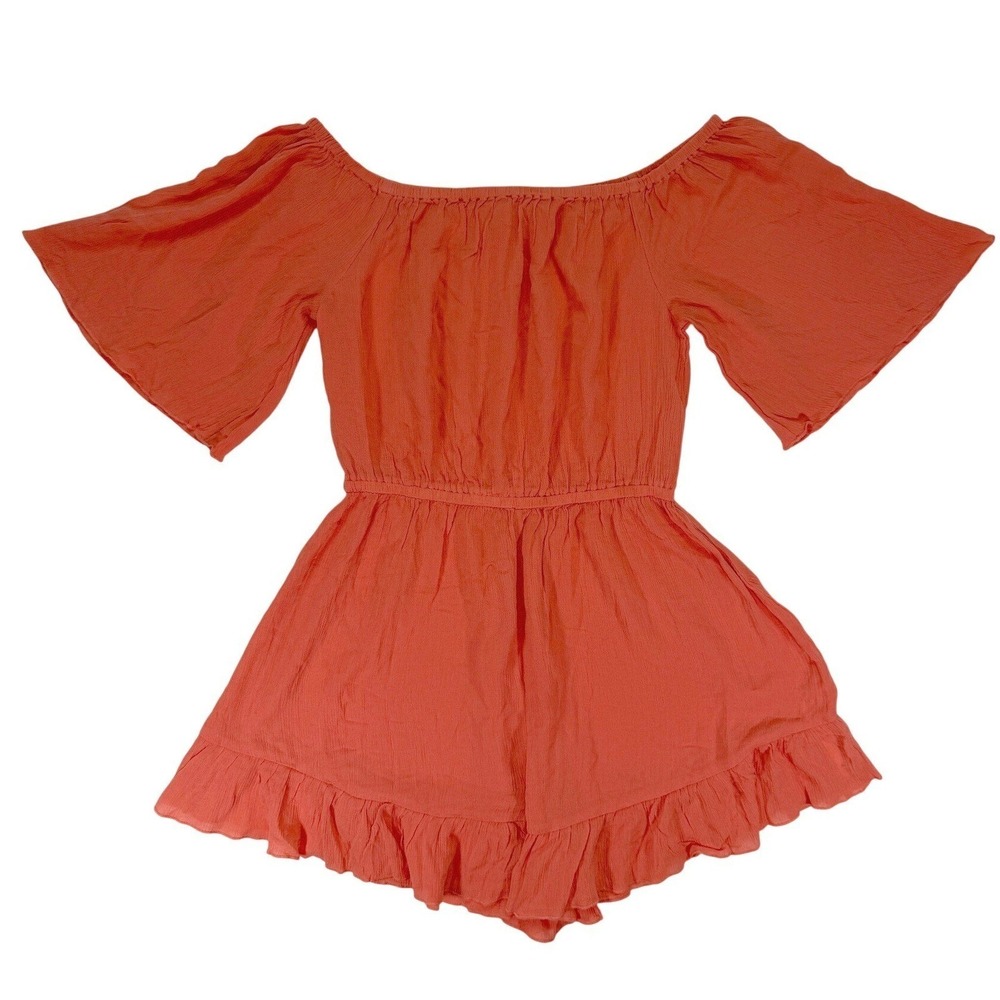 VENUS Off Shoulder Romper Size Small Coral Orange Ruffle Hem Boho Viscose - Picture 2 of 11